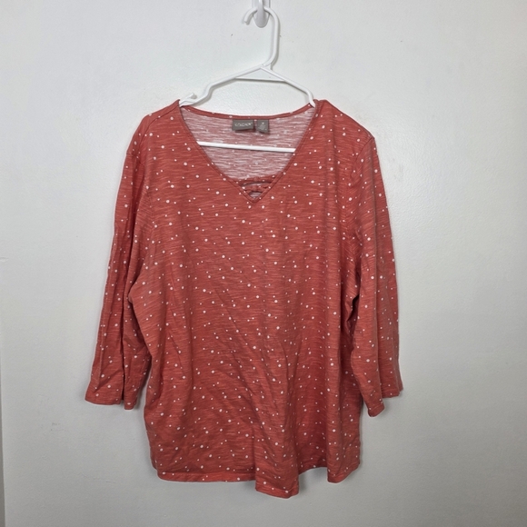 Chico's Tops - Chico's Coral Pink White Polka Dot 3/4 Sleeve Cotton Casual Summer Shirt Size 16
